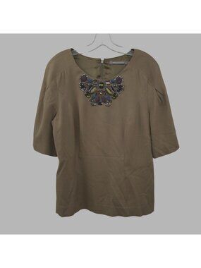 Boden Limited Edition Embellished Blouse Short Sleeve Green/Multi Size 12 Zip